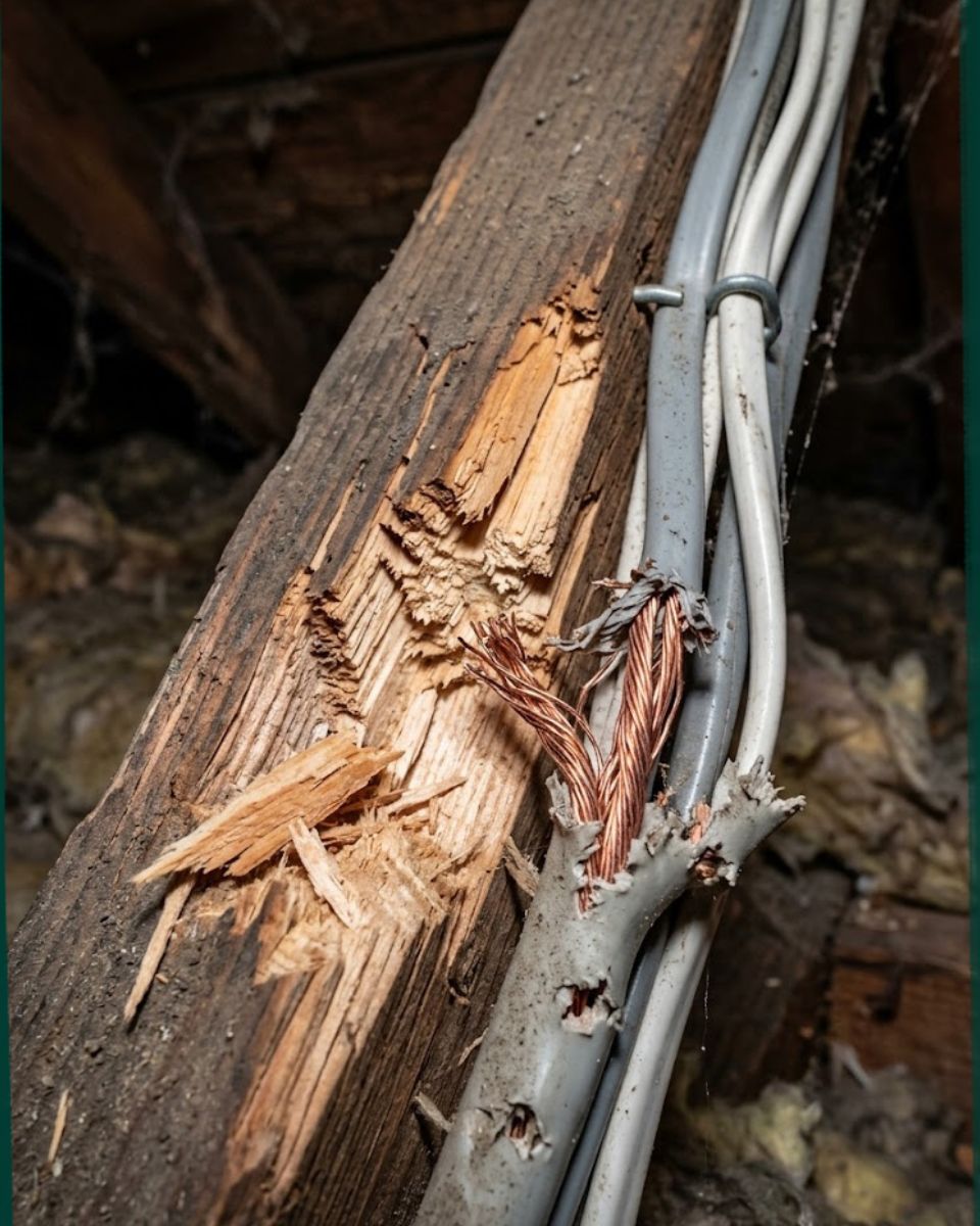 Rodent droppings and gnaw marks on wood — signs of infestation in Savannah homes