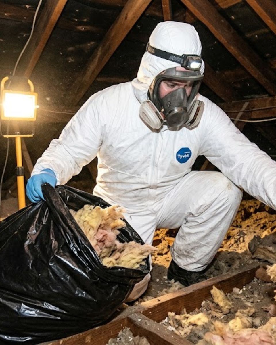 Technician in protective gear removing contaminated attic insulation — Savannah GA