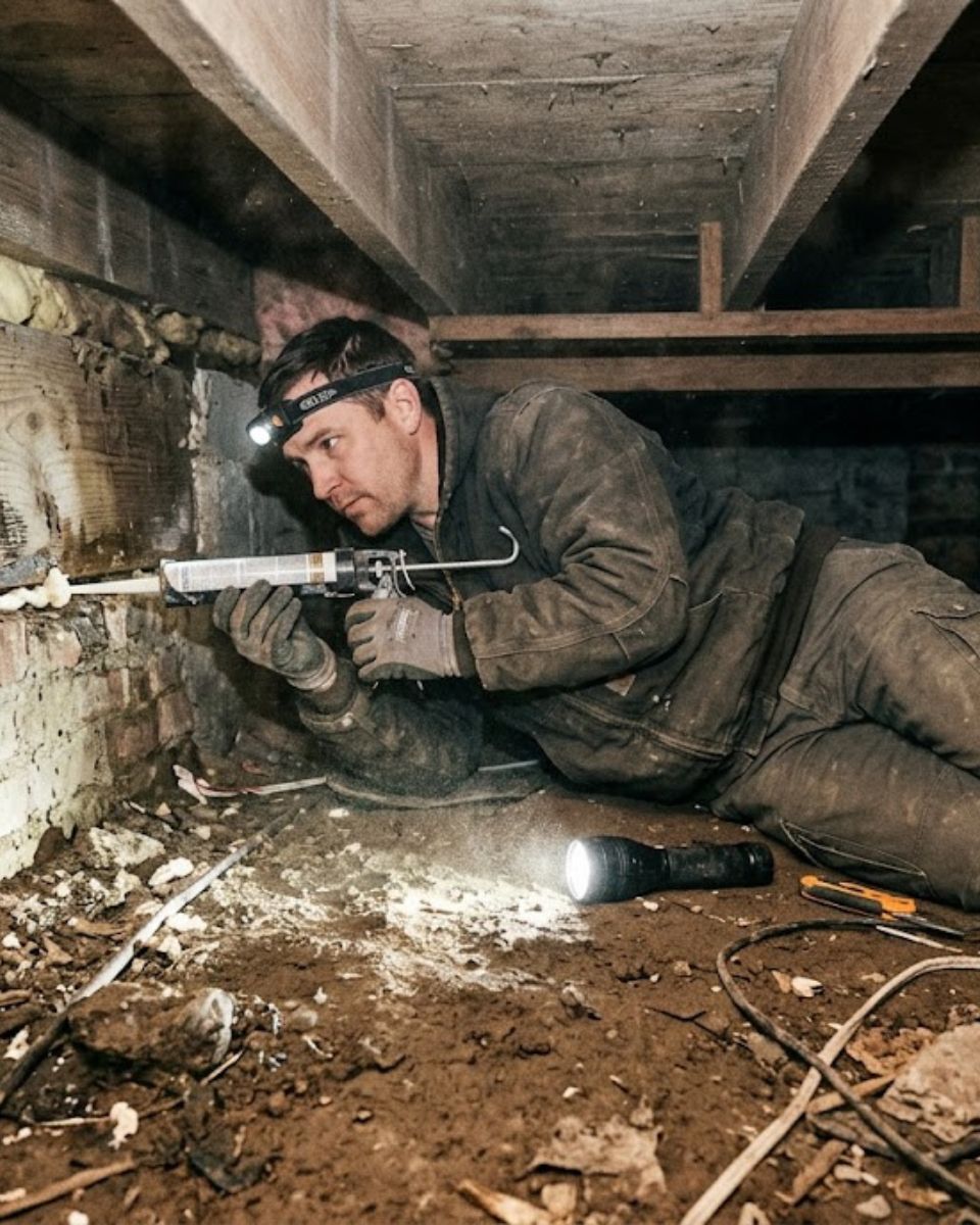 Technician sealing crawl space gap — crawl space rodent sealing in Savannah GA
