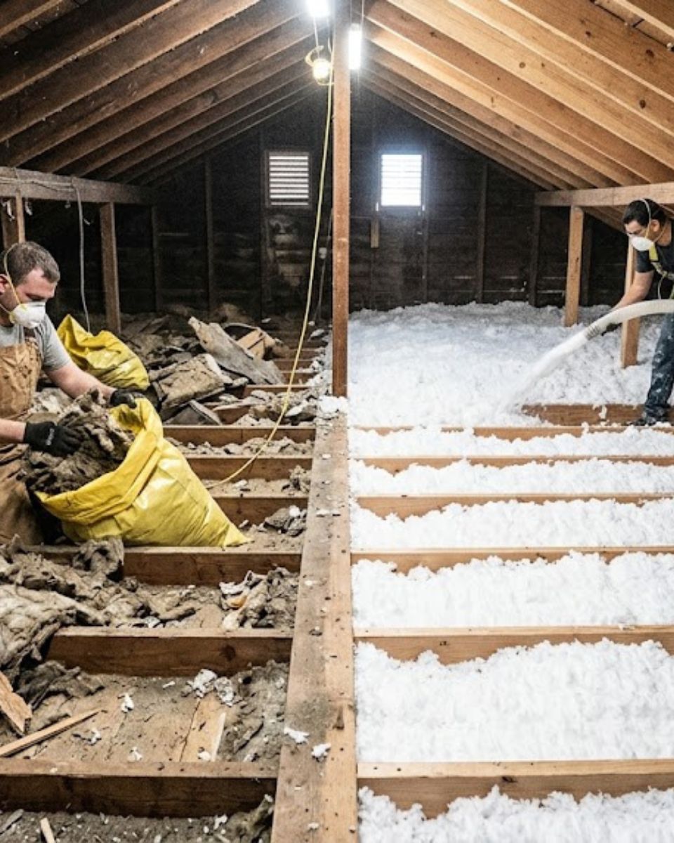 Damaged insulation being removed from attic — insulation replacement in Savannah GA