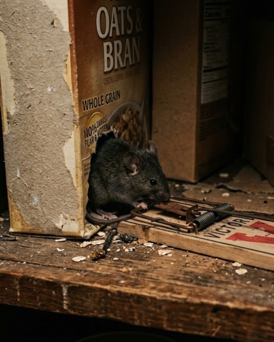 Mouse trap placed in kitchen cabinet — mice control services in Savannah GA