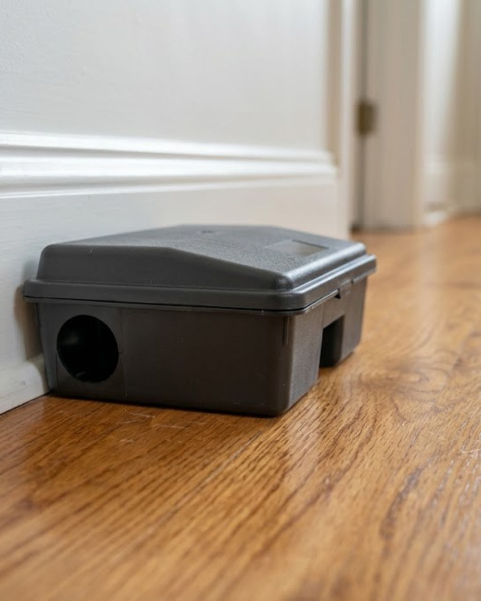 Rat control snap trap set along baseboard — rat removal in Savannah GA