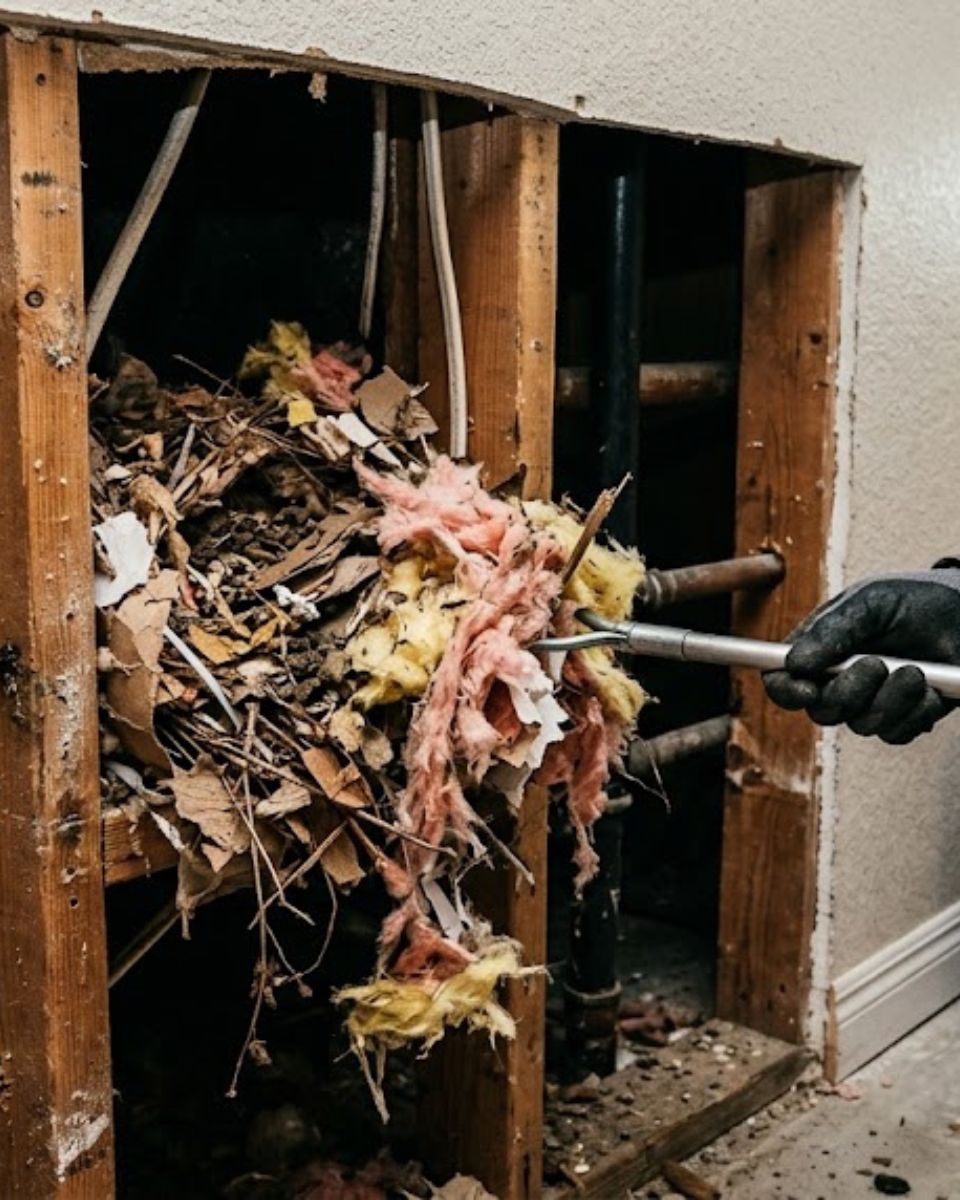 Rat nest material being removed from attic cavity — Savannah GA