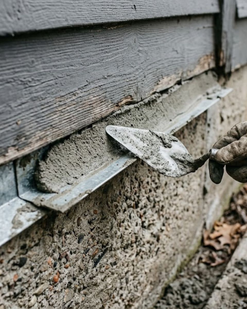 Metal flashing and mortar sealing foundation gap — rat proofing in Savannah GA