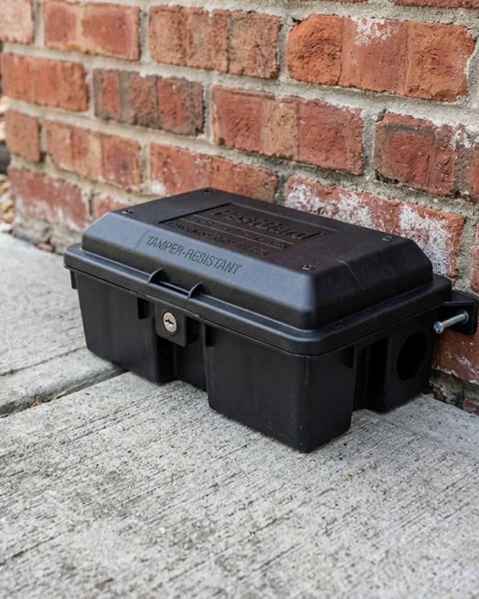 Tamper-resistant bait station placed at foundation wall — Savannah GA