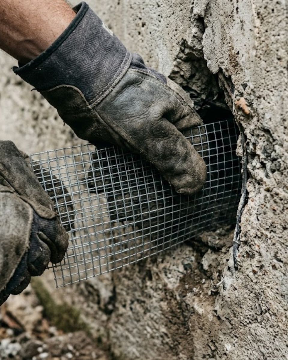 Technician sealing foundation gap with copper mesh — rodent exclusion in Savannah GA